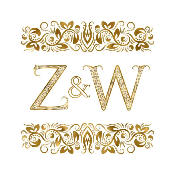 Vector illustration of Z and W vintage monogram. The letters surrounded by ornamental elements. Wedding or business partners initials.