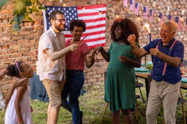 istock Multi-generationfamily having fun with sparklers while celebrating American holiday 1429968871