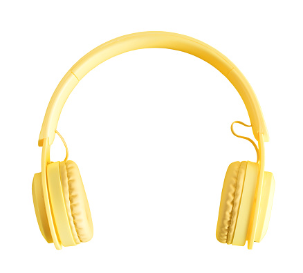 Auriculares amarillos o auriculares inalámbricos de computadora aislados sobre un fondo en blanco. photo