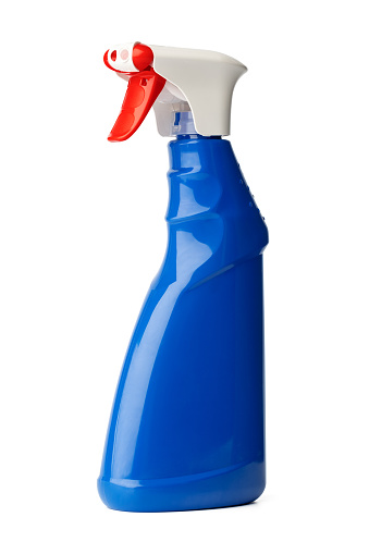 Blue plastic bottle of liquid detergent isolated on white background