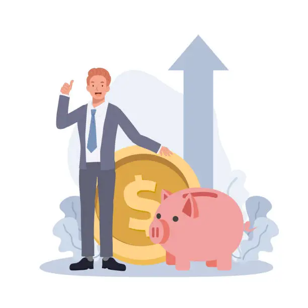 Vector illustration of Piggy bank money savings concept. Businessman showing thumb up gesture near big golden coin and piggy bank. Arrow up rise. Vector illustration