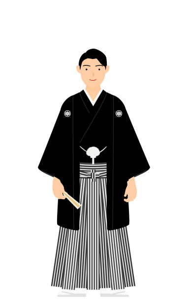A man in kimono, wearing a crested hakama, Pose with a fan A man in kimono, wearing a crested hakama, Pose with a fan black family reunion stock illustrations