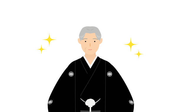 A senior man in kimono, wearing a crested hakama, Pose with hands on hips (with glitter) A senior man in kimono, wearing a crested hakama, Pose with hands on hips (with glitter) black family reunion stock illustrations