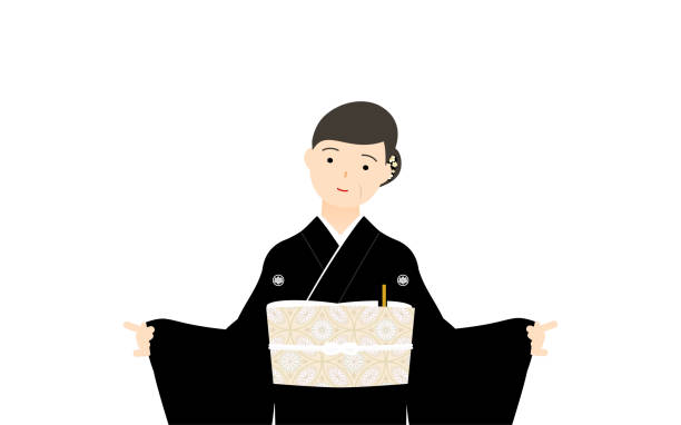 Senior woman in kurotomesode, kimono-clad, posed setPicking up the sleeves and striking a cute pose Senior woman in kurotomesode, kimono-clad, posed setPicking up the sleeves and striking a cute pose family reunion clip art stock illustrations