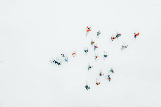 Aerial view of skiers