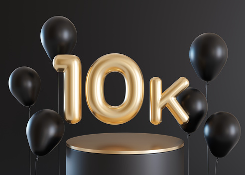 10000 followers card with balloons on black background. Banner for social network, blog. 10k followers, likes celebration. Social media achievement poster. Ten thousand subscriber. 3d render