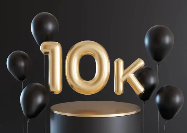 Photo of 10000 followers card with balloons on black background. Banner for social network, blog. 10k followers, likes celebration. Social media achievement poster. Ten thousand subscriber. 3d render.