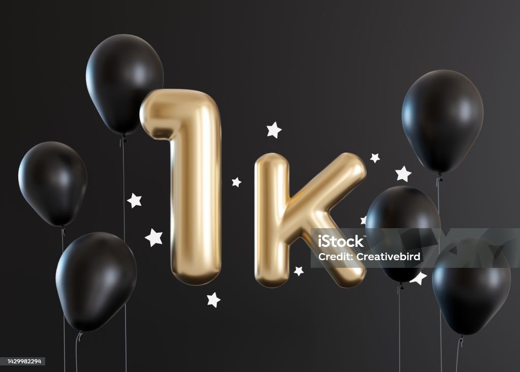 1000 followers card with balloons and stars on black background. Banner for social network, blog. 1k followers or likes celebration. Social media achievement poster. One thousand subscriber. 3d render 1000 followers card with balloons and stars on black background. Banner for social network, blog. 1k followers or likes celebration. Social media achievement poster, one thousand subscriber. 3d render Number 1000 Stock Photo