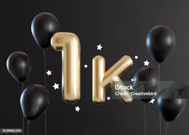 1000 Followers Card With Balloons And Stars On Black Background Banner For Social Network Blog 1k Followers Or Likes Celebration Social Media Achievement Poster One Thousand Subscriber 3d Render Stock Photo - Download Image Now
