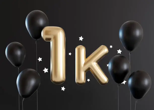 Photo of 1000 followers card with balloons and stars on black background. Banner for social network, blog. 1k followers or likes celebration. Social media achievement poster. One thousand subscriber. 3d render