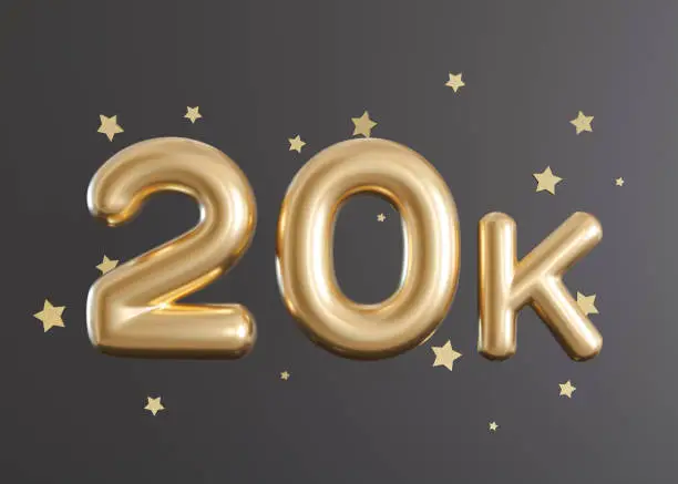 Photo of 20000 followers card with stars on gray background. Banner for social network, blog. 10k followers or likes celebration. Social media achievement poster. Twenty thousand subscriber. 3d render.