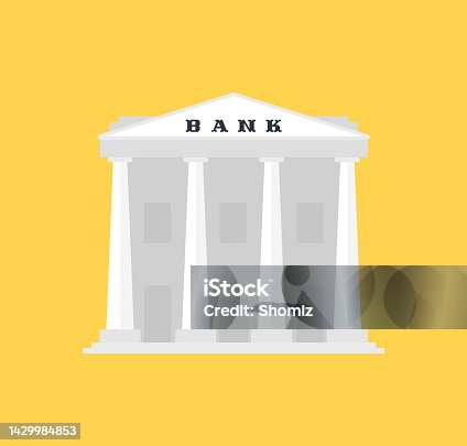 istock Bank building isolated on yellow background. 1429984853
