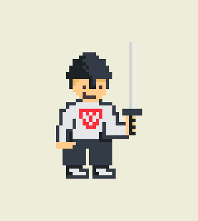 colorful simple flat pixel art illustration of medieval guard knight with sword and shield in hands