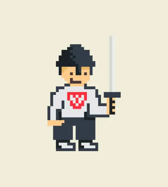Vector illustration of Simple flat pixel art illustration of medieval guard knight with sword