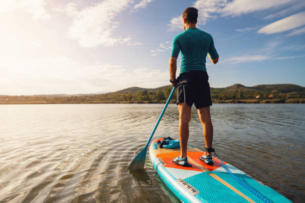 istock Unrecognizable man, paddleboarding with standup paddleboard on a lake 1429986373