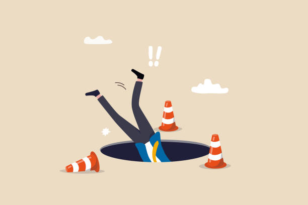Failure or mistake causing catastrophe despair, problem or risk from crisis or recession, danger or business accident, trouble, loss or pitfall concept, terrified businessman fall down into the hole. vector art illustration