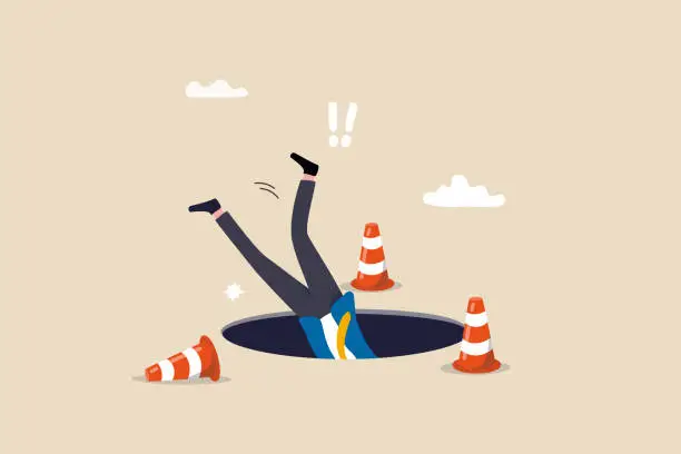 Vector illustration of Failure or mistake causing catastrophe despair, problem or risk from crisis or recession, danger or business accident, trouble, loss or pitfall concept, terrified businessman fall down into the hole.