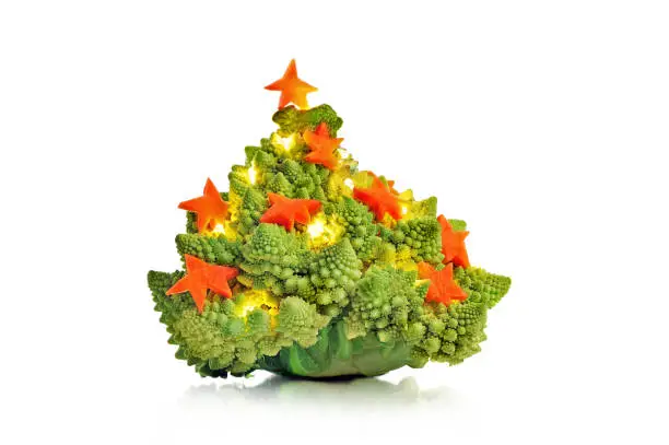Photo of Christmas tree made of broccoli isolated on white