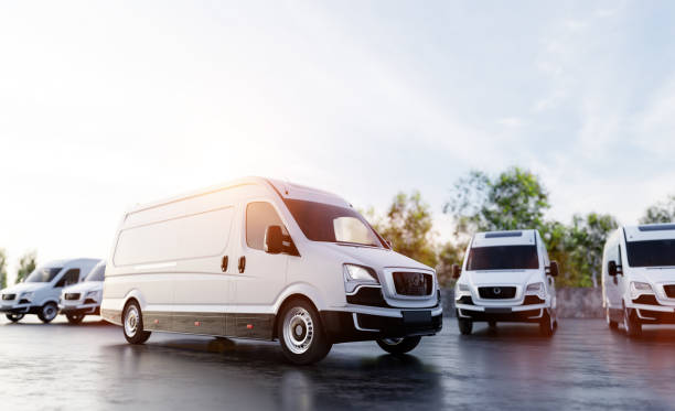 istock Transportation van and fleet of cargo trucks courier service 1429989839