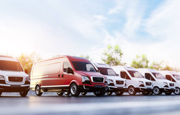 istock Transportation van and fleet of cargo trucks courier service 1429989852