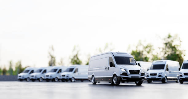 istock Transportation van and fleet of cargo trucks courier service 1429989865