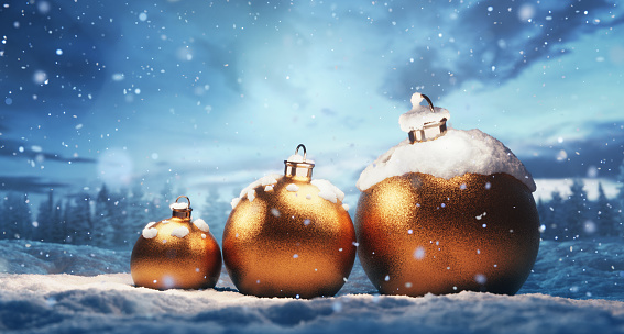Christmas balls on snow in winter snowing scene. 3D illustration