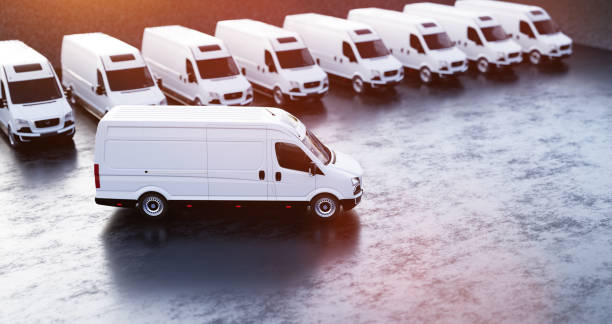 istock Transportation van and fleet of cargo trucks courier service 1429989881