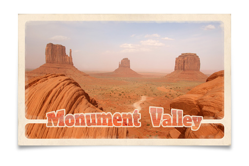 Vintage postcard illustration of Three Sisters, located in Monument Valley Tribal Park, near the border between Utah and Arizona. Tourist destinations in Western USA, traveling on the road. Composite image with clipping path on white background.