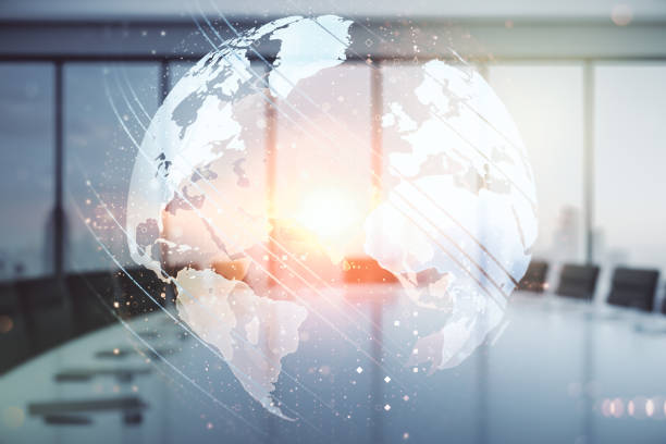 istock Abstract creative world map interface on a modern conference room background, international trading concept. Multiexposure 1429991666