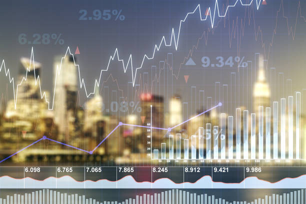 istock Multi exposure of virtual abstract financial graph interface on blurry skyscrapers background, financial and trading concept 1429992199