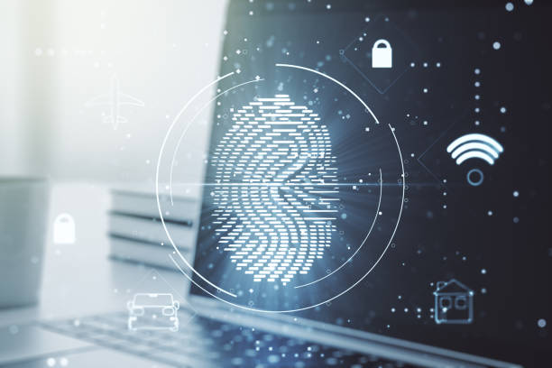 istock Multi exposure of creative fingerprint hologram on laptop background, personal biometric data concept 1429993808