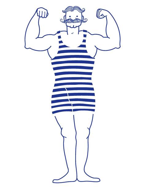 Man in vintage swimming dress. Vector hand drawn illustration isolated on white. Flat cartoons design