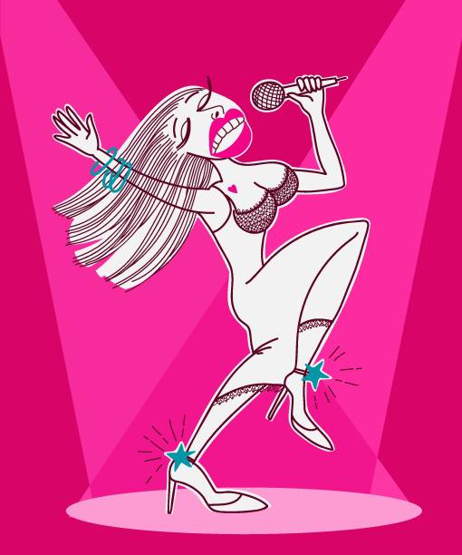 istock Expressive singer woman with microphone. Girl pop star singing vector illustration on pink scene background. Musical concert event. 1429994024