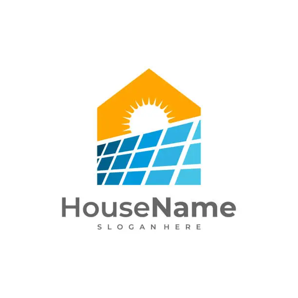 Vector illustration of Solar power home logo icon template. Solar panel on roof with house and sun sign. Alternative energy company emblem. Renewable electricity business symbol. Vector illustration.