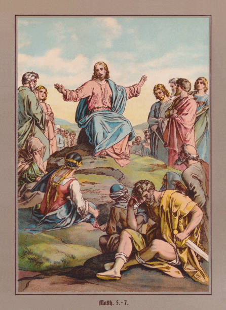illustrations, cliparts, dessins animés et icônes de le sermon sur la montagne, chromolithographe, publié vers 1880 - preacher