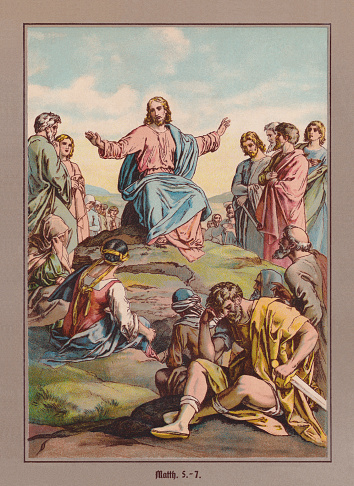 The Sermon on the Mount (Matthew 2, 13 - 23). Chromolithograph after a drawing (1860) by Julius Schnorr von Carolsfeld (German painter, 1794 - 1872), published ca. 1880