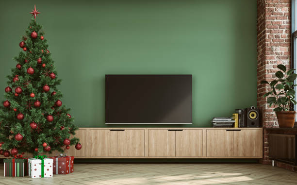 istock Empty unfurnished nostalgic retro living room with a moss green plaster wall and partly ruined brick wall and Christmas decoration 1430004330