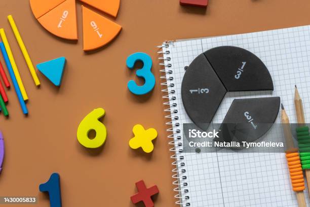 Set Of Supplies For Mathematics And For School Fractions Rulers Pencils Notepad On Brown Background Back To School Fun Education Concept Stock Photo - Download Image Now