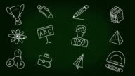 istock Education icon school supplies animation on chalkboard. 1430008221