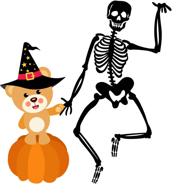 illustrazioni stock, clip art, cartoni animati e icone di tendenza di orsacchiotto di halloween in cima alla zucca con scheletro - animal skeleton illustrations