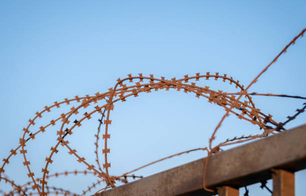 istock razor wire fence. blue sky background. 1430016190