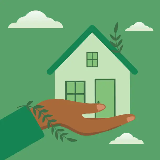 Vector illustration of Hand Holding A Green Home. Sustainability Concept.