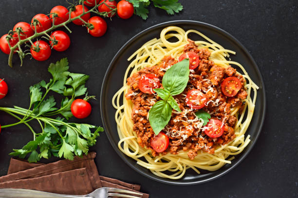 Italian spaghetti bolognese on plate stock photo