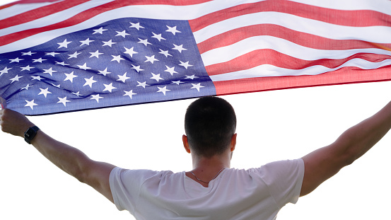 Young man with American flag.