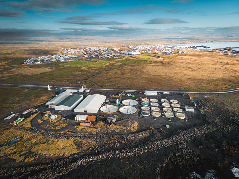 Wastewater, sewage and garbage treatment plants located on the shores of Iceland, cleaning the environment and keeping the nature cleaner, aerial view.