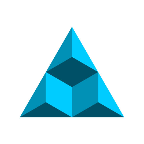 niebieski trójkąt niemożliwy z kostką w środku. geometryczny kształt wykonany z sześciokątnych elementów wzorniczych. - pyramid shape triangle three dimensional shape shape stock illustrations