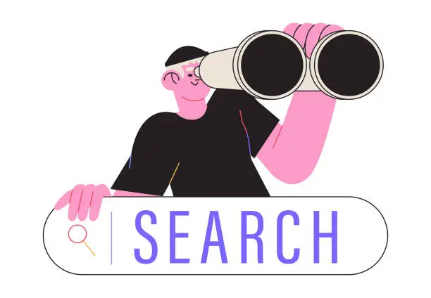 Vector illustration of Curious man looking through binoculars. Business metaphore for search or research, development, web surfing. Trendy outline vector characters for web or ui design. Search character concept.