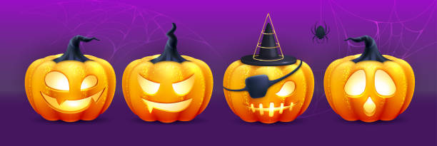 istock Set of 3D realistic scary and funny halloween pumpkin faces. Halloween  background. Vector illustration 1430026132