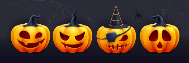 istock Set of 3D realistic scary and funny halloween pumpkin faces. Halloween  background. Vector illustration 1430027969