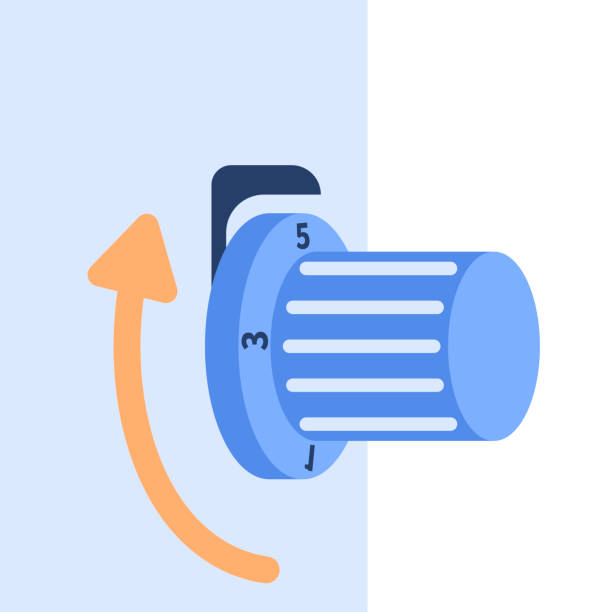 Home radiator with thermostat temperature knob illustration Thermostatic valve of the radiator. Reducing the heat due to high energy prices. Regulating the temperature in the house with a thermostat. Lowering heating costs in winter. radiator stock illustrations